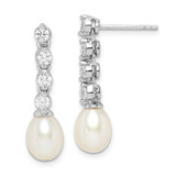 Image of 26.15mm Sterling Silver Rhodium-plated 7-8mm White Rice Freshwater Cultured Pearl CZ Earrings QE15202