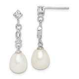 Image of 27.5mm Sterling Silver Rhodium-plated 7-8mm White Rice Freshwater Cultured Pearl CZ Earrings QE15209