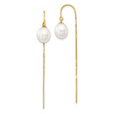 Image of 56.6mm 14K Yellow Gold 7-8mm White Rice Freshwater Cultured Pearl Box Chain Threader Earrings XF710E