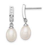 Image of 24mm Sterling Silver Rhodium-plated Clear CZ and 8-9mm White Freshwater Cultured Pearl Dangle Post Earrings QE12742