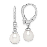 Image of 27mm Sterling Silver Rhodium-plated Polished White 7-8mm Freshwater Cultured Pearl & CZ Leverback Dangle Earrings QE15201