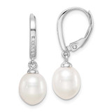 Image of 26mm Sterling Silver Rhodium-plated Polished White 7-8mm Freshwater Cultured Pearl & CZ Leverback Dangle Earrings QE15205