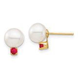 Image of 9.6mm 14K Yellow Gold 7-7.5mm White Round Freshwater Cultured Pearl Ruby Post Earrings