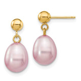 Image of 17mm 14K Yellow Gold 7-8mm Purple Rice Freshwater Cultured Pearl Dangle Post Earrings