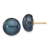 Image of 12-13mm 14K Yellow Gold 12-13mm Black Button Freshwater Cultured Pearl Stud Post Earrings