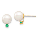 Image of 10.88mm 14K Yellow Gold 8-8.5mm White Round Freshwater Cultured Pearl Emerald Post Earrings