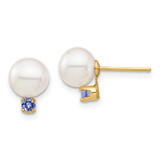 Image of 9.61mm 14K Yellow Gold 7-7.5mm White Round Freshwater Cultured Pearl Tanzanite Post Earrings