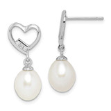 Image of 21.9mm Sterling Silver Rhodium-plated 7-8mm Rice Freshwater Cultured Pearl CZ Heart Earrings