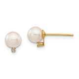 Image of 5-6mm 14K Yellow Gold 5-6mm White Round Saltwater Akoya Cultured Pearl Diamond Post Earrings