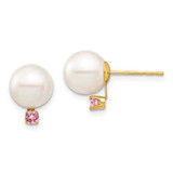 Image of 11.17mm 14K Yellow Gold 8-8.5mm White Round Freshwater Cultured Pearl Pink Topaz Post Earrings