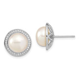 Image of 13.6mm Sterling Silver Rhodium-plated 10-11mm Button Freshwater Cultured Pearl CZ Post Earrings
