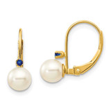 Image of 15mm 14K Yellow Gold 5-5.5mm White Round Freshwater Cultured Pearl Sapphire Leverback Earrings