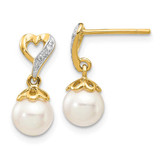 Image of 14mm 14K Yellow Gold 6-7mm Round Freshwater Cultured Pearl .01ct Heart Diamond Dangle Earrings