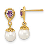 Image of 16.85mm 14K Yellow Gold 6-7mm White Round Freshwater Cultured Pearl Amethyst Post Dangle Earrings