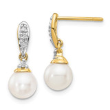 Image of 17mm 14K Yellow Gold 6-7mm White Round Freshwater Cultured Pearl .08ctw Diamond Dangle Earrings