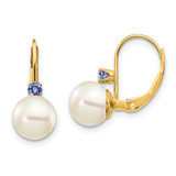 Image of 16mm 14K Yellow Gold 7-7.5mm White Round Freshwater Cultured Pearl Tanzanite Leverback Earrings