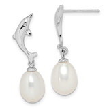 Image of 27.3mm Sterling Silver Rhodium-plated 7-8mm White Rice Freshwater Cultured Pearl Dolphin Earrings