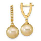 Image of 27mm 14K Yellow Gold 10-11mm Round Golden Cultured Saltwater South Sea Pearl .105ctw Diamond Dangle Earrings