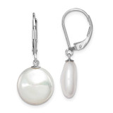 Image of 30mm Sterling Silver Rhodium-plated Polished White 12-13mm Coin Freshwater Cultured Pearl Leverback Dangle Earrings