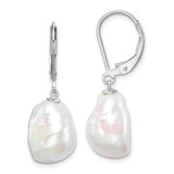 Image of 28.73mm Sterling Silver Rhodium-plated Polished White 11-12mm Keshi Freshwater Cultured Pearl Leverback Dangle Earrings