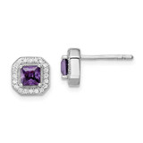 Image of 8.17mm Sterling Silver Rhodium-plated Square Purple CZ and Clear CZ Post Earrings
