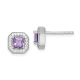 Image of 8.17mm Sterling Silver Rhodium-plated Square Light Purple and Clear CZ Post Earrings