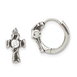 Image of 13.5mm Stainless Steel Antiqued Polished w/ CZ Cross Hinged Hoop Earrings