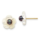 Image of 14K Yellow Gold 3-4mm Black Freshwater Cultured Pearl w/10 mm Mother-of-pearl Flower Post Earrings