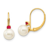 Image of 15mm 14K Yellow Gold 6-6.5mm White Round Freshwater Cultured Pearl Ruby Leverback Earrings