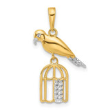 Image of 14K Yellow Gold and White Rhodium Diamond-cut Bird on Bird Cage Pendant