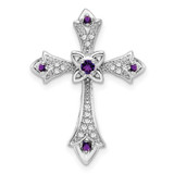 Image of 10k White Gold Amethyst and Diamond Fleur de Lis Cross Chain Slide Pendant