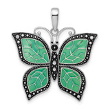 Image of Sterling Silver Polished Enameled Aqua Butterfly Pendant QC9770
