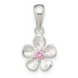 Image of Sterling Silver Brushed & Polished Pink CZ Flower Pendant QC11027