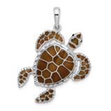 Image of Sterling Silver Polished Enameled Brown Sea Turtle Pendant QC9778