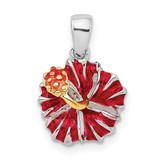 Image of Sterling Silver Polished Enameled Red Hibiscus Pendant