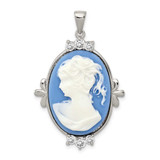 Image of Sterling Silver Rhodium-plated Blue Plastic Cameo with CZ accents Pendant