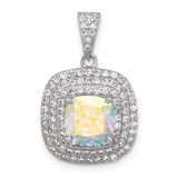 Image of Sterling Silver Rhodium-plated Clear and Iridescent CZ Square Halo Pendant