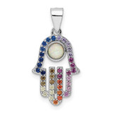 Image of Sterling Silver Rhodium-plated Multicolor CZ & Synthetic Opal Hamsa Pendant