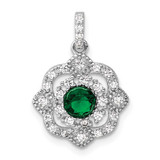 Image of Sterling Silver Rhodium-plated Green Glass & Clear CZ Fancy Vintaged Pendant
