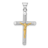Image of Sterling Silver Rhodium-plated & Gold-tone Polished & Textured Crucifix Pendant