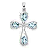 Image of Sterling Silver Rhodium-plated Aquamarine & Diamond Cross Pendant QDX885