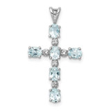 Image of Sterling Silver Rhodium-plated Diamond & Aquamarine Cross Pendant