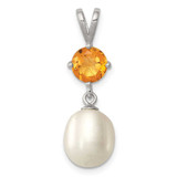 Image of Sterling Silver Rhodium-plated Citrine 8-9mm Freshwater Cultured Pearl Teardrop Pendant