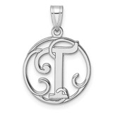 Image of Small Sterling Silver Rhodium-plated Fancy Script Letter T Initial Pendant