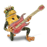 Image of Luxury Giftware Pewter Bejeweled Crystals Gold-tone Enameled KEITH Rocks Musician Frog Trinket Box with Matching 18 Inch Necklace