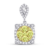 Image of 14kt White Gold Womens Round Canary Yellow Diamond Square Cluster Pendant 3/4 Cttw