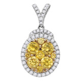 Image of 14kt White Gold Womens Round Yellow Diamond Oval Frame Cluster Pendant 2.00 Cttw