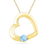 Image of 10kt Yellow Gold Womens Round Lab-Created Blue Topaz Heart Pendant 1/6 Cttw