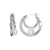 Image of ELLE Jewelry - "Simpatico Collection" Rhodium-plated Sterling Silver Double Hoop Earrings w/ 5mm Simulated Pearl
