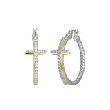 Image of Charles Garnier 35mm Rhodium- & Gold-plated Sterling Silver 3mm Mesh Hoop Earrings w/ CZ Cross Front